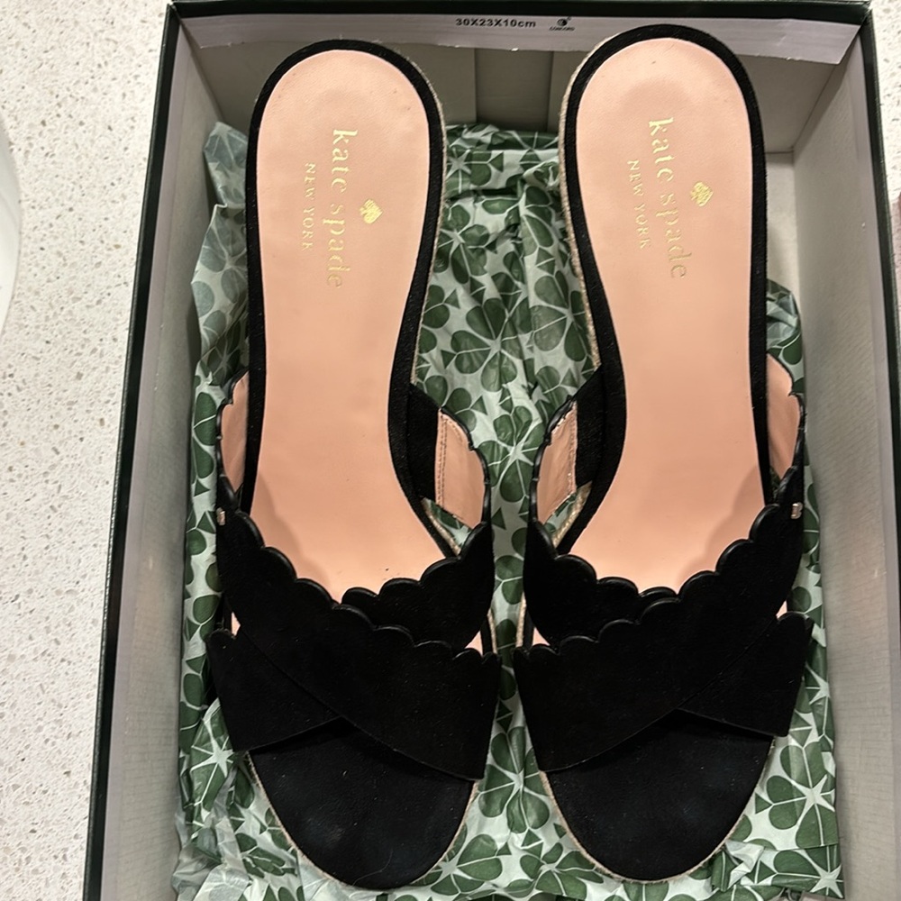 Like New! Kate Spade Black Suede Tegan Espadrille Wedge Sandal Size 11 - Picture 2 of 9